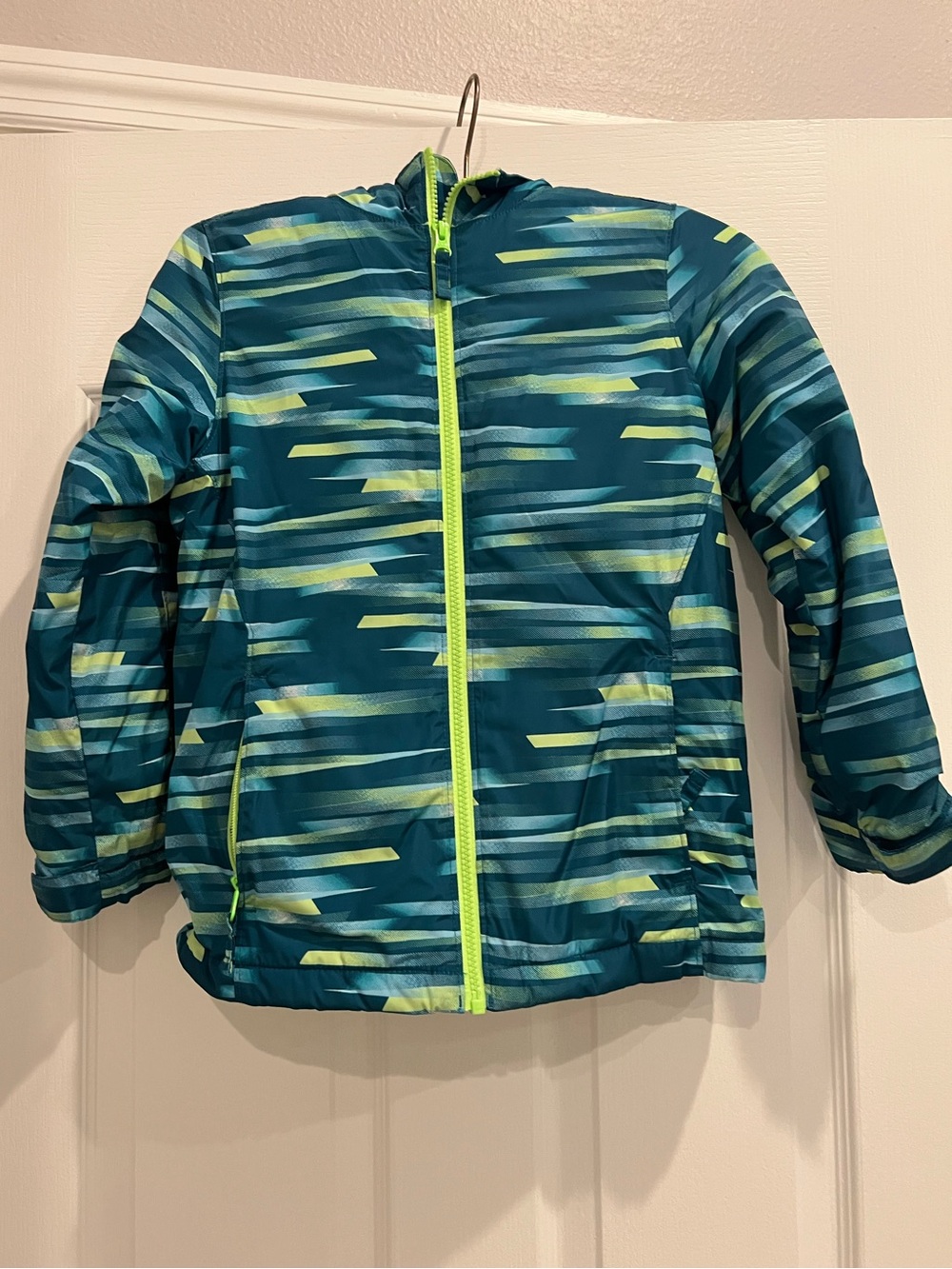Lands End Kids Teal and Lime Stripe Ski & Snow Jacket